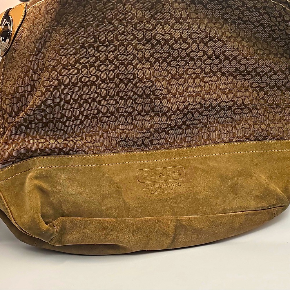 Coach Brown/Tan Signature Logo Medium Hobo Shoulder Bag Zip, Pockets, Silver